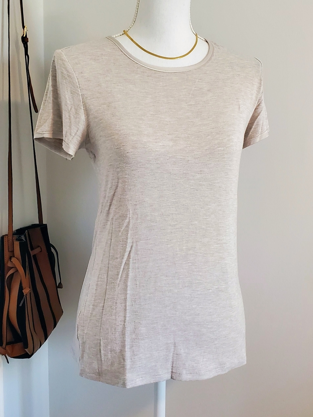 Ann Taylor Satin Trim Back Zip Tee Shirt Crewneck Heathered Beige - Medium